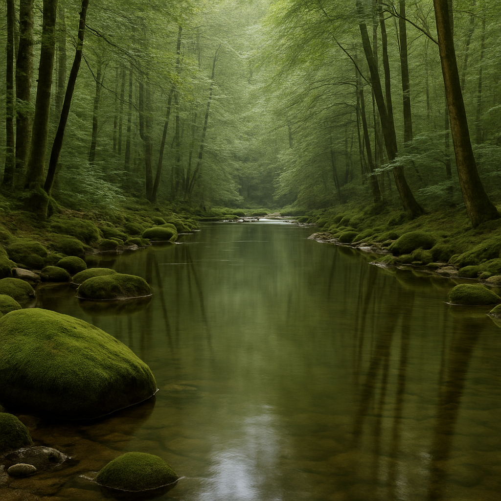 A clear stream running steadily through quiet forest