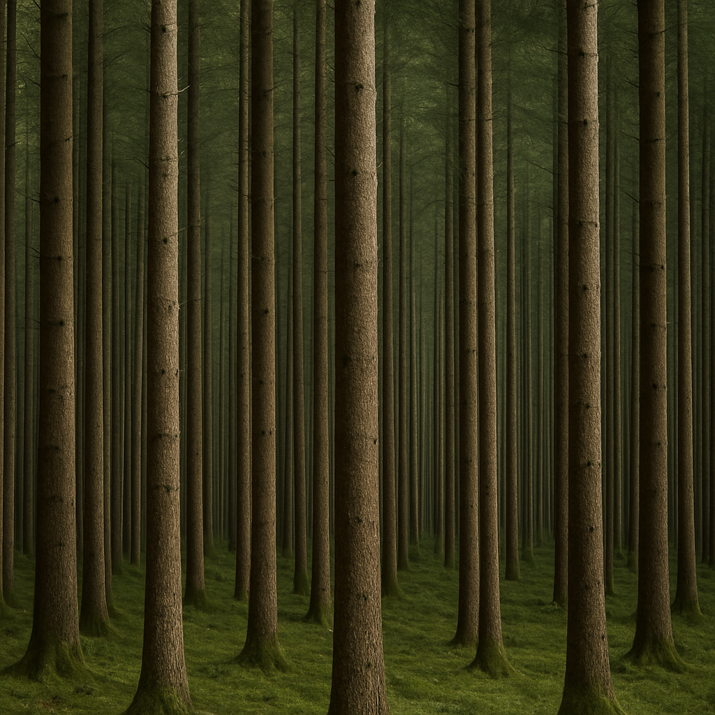 Tall, evenly spaced forest trunks in ordered rhythm
